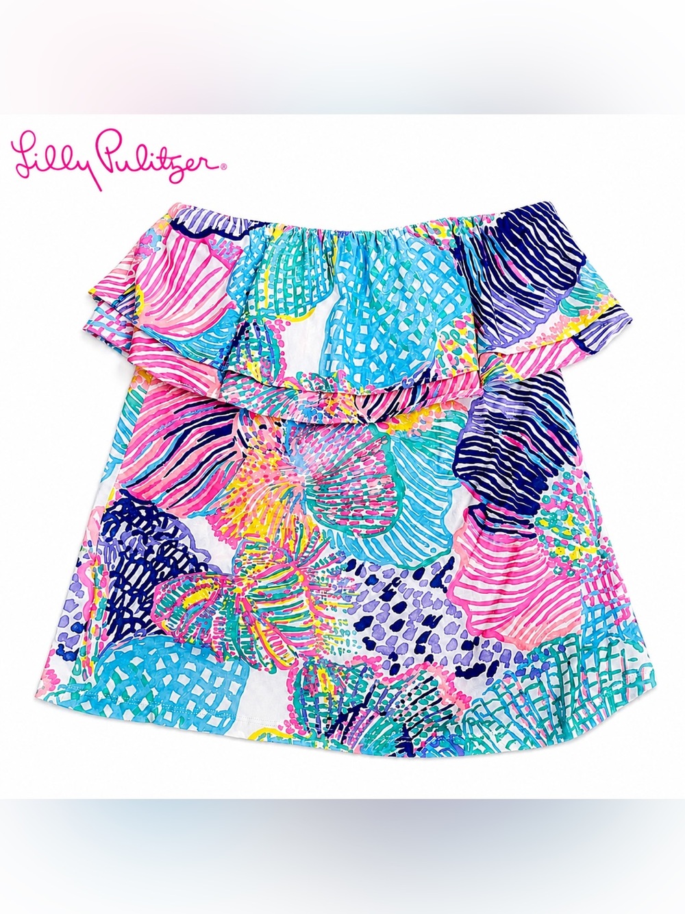 Lilly Pulitzer Multicolor Off-Shoulder Ruffled Top - Pink, Blue, Green SMALL